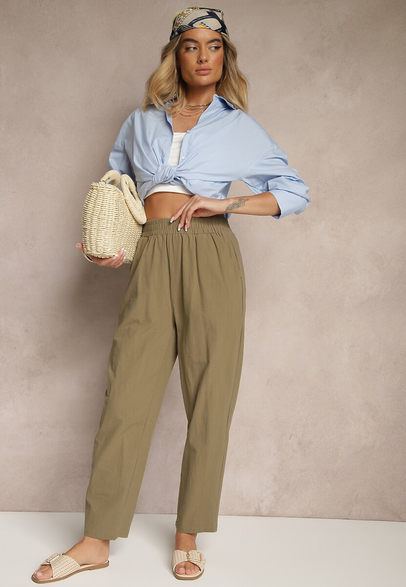 Beżowe Spodnie z Bawełny High Waist Sonirea