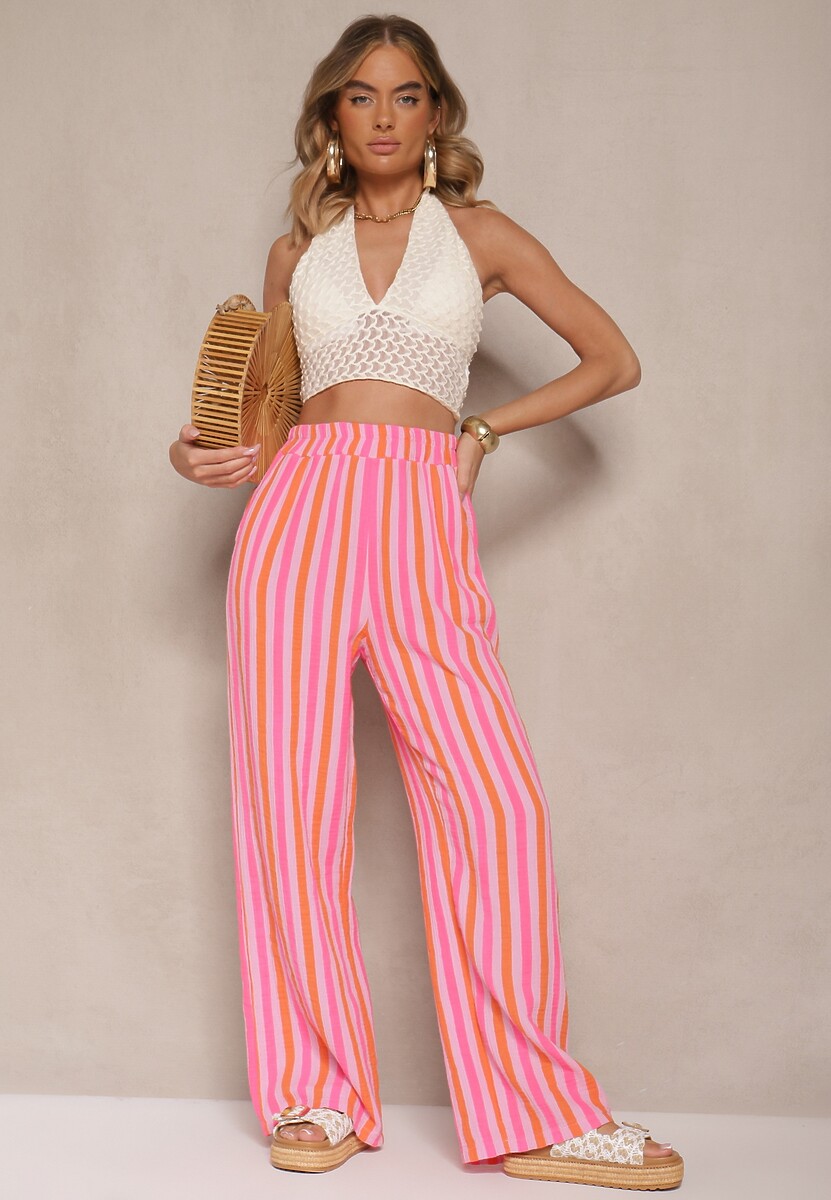 Niebiesko-Żółte Bawełniane Muślinowe Spodnie Szerokie High Waist w Paski Mavirise