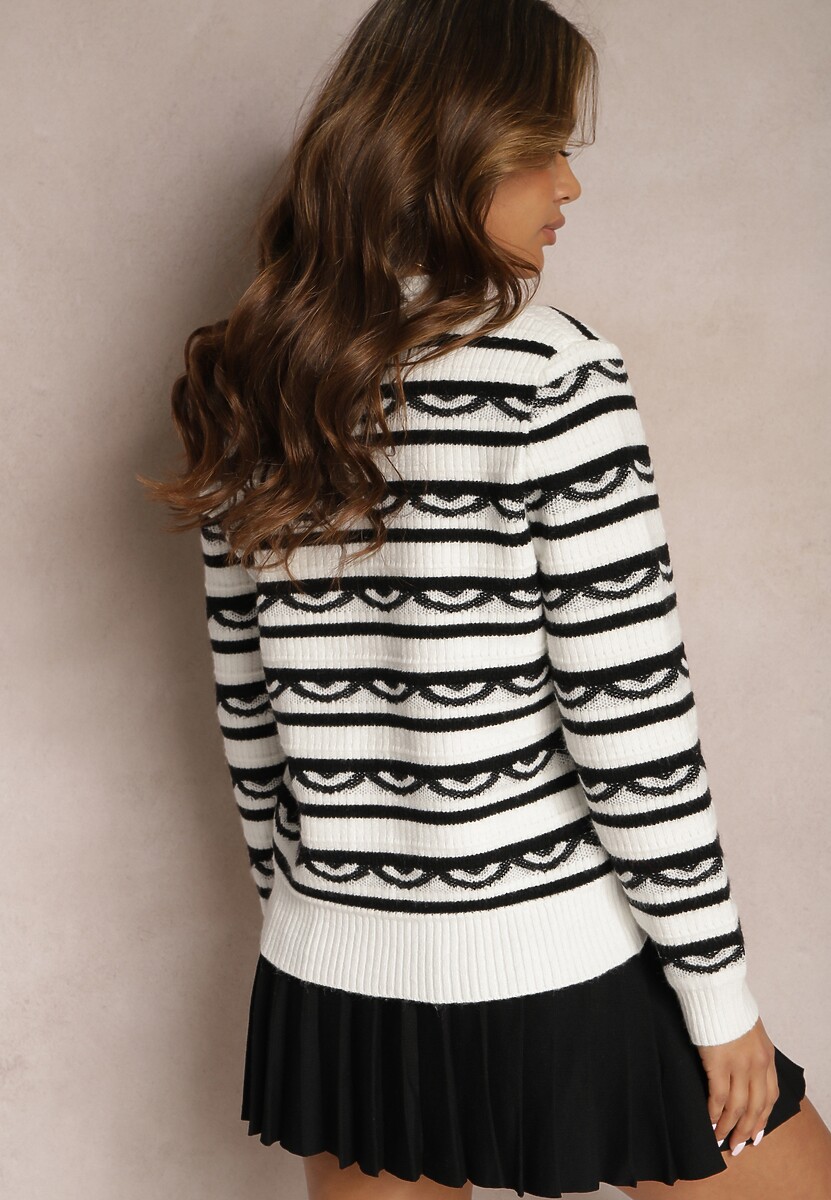 Biały Kardigan w Paski z Wiskozy Ozdobiony Cyrkoniami i Guzikami Kleviona