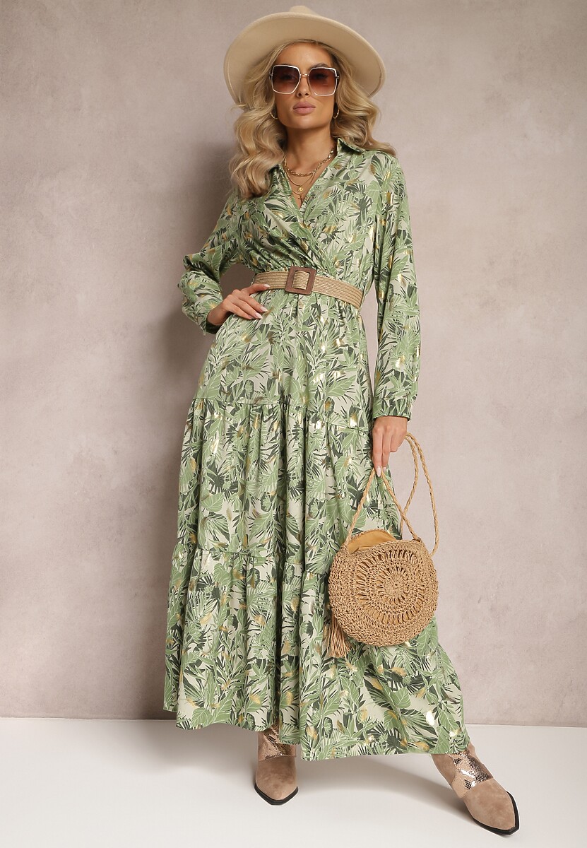 Jasnozielona Sukienka Maxi z Kołnierzykiem i Plecionym Paskiem Pertitus