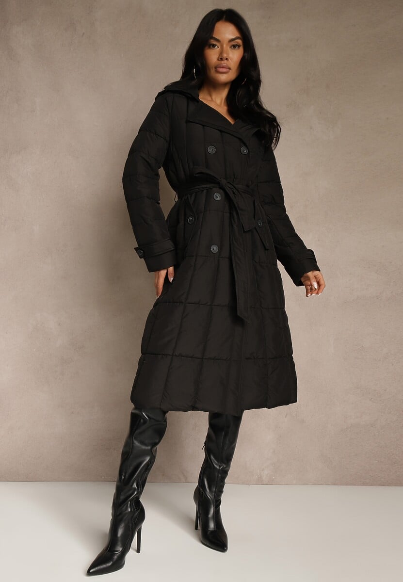 Czarna Kurtka Pikowana z Paskiem Yeclu