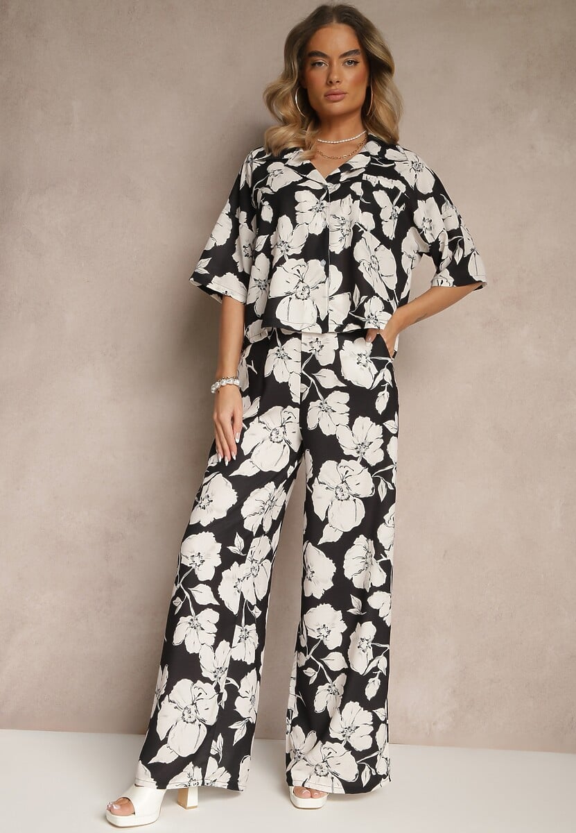 Żółty Komplet w Kwiaty Koszula z Krótkim Rękawem i Szerokie Spodnie Revanae