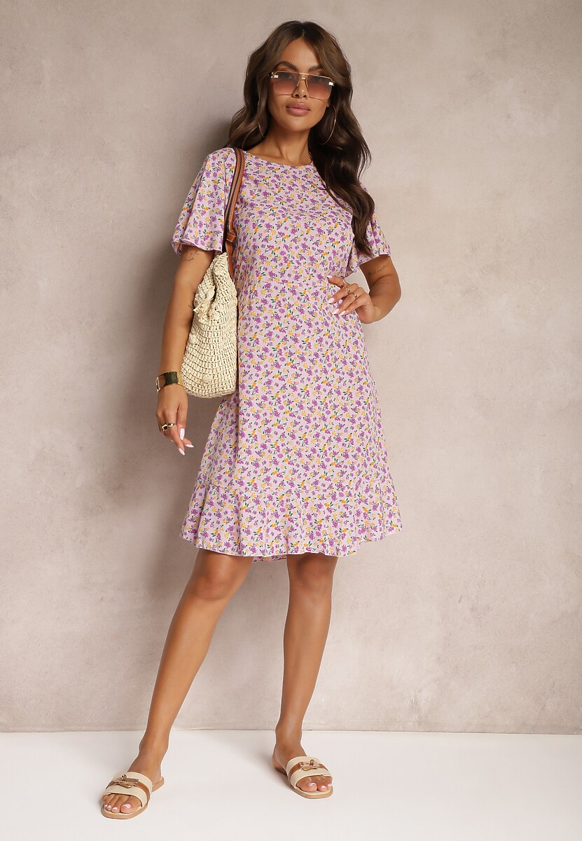 Fioletowa Sukienka Midi o Pudełkowym Kroju w Kwiaty Kimbr