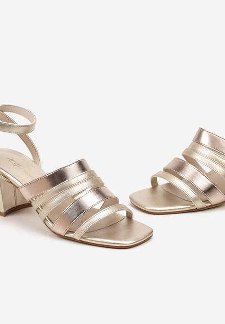 Złote Sandały ze Skórzaną Wkładką na Słupku Zapinane przy Kostce Uanesa