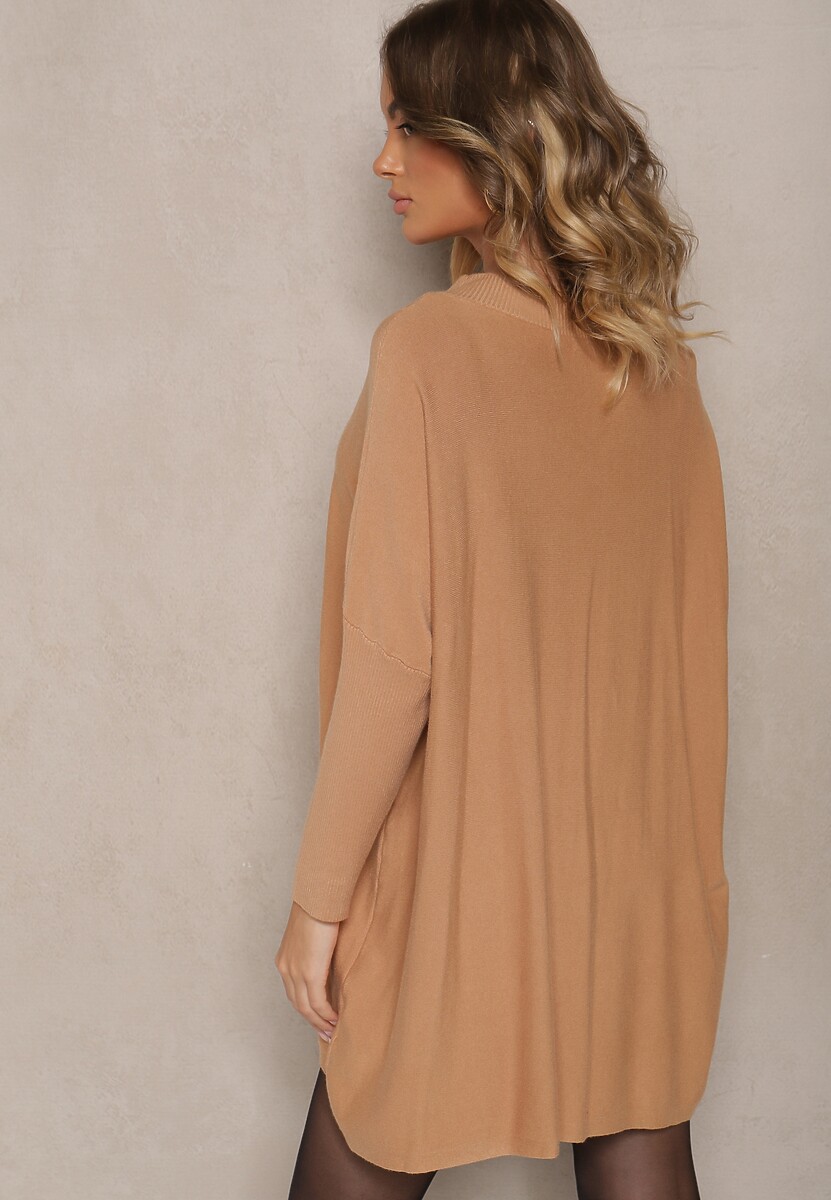 Beżowa Sukienka z Dzianiny z Modalem i Wiskozą ze Ściągaczem przy Dekolcie Zinralith