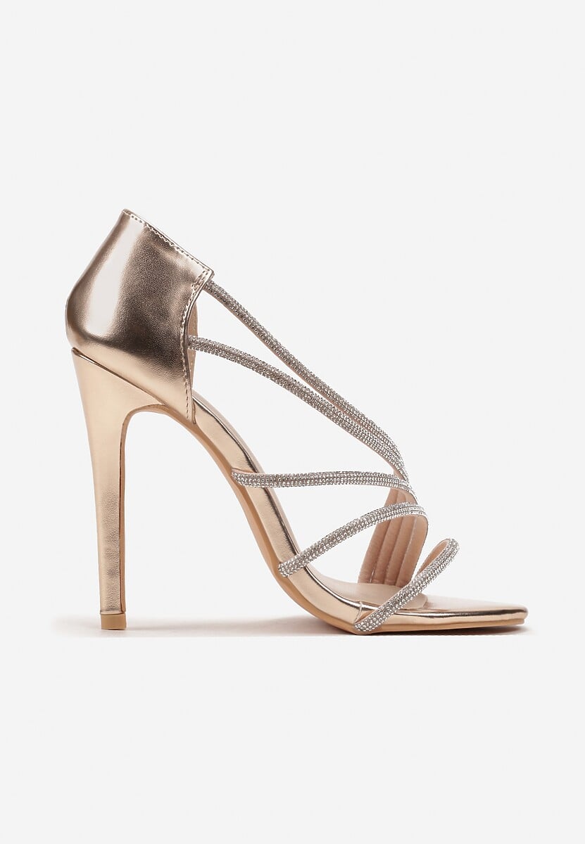 Szampańskie Asymetryczne Sandały na Szpilce Zdobione Cyrkoniami Aarnia