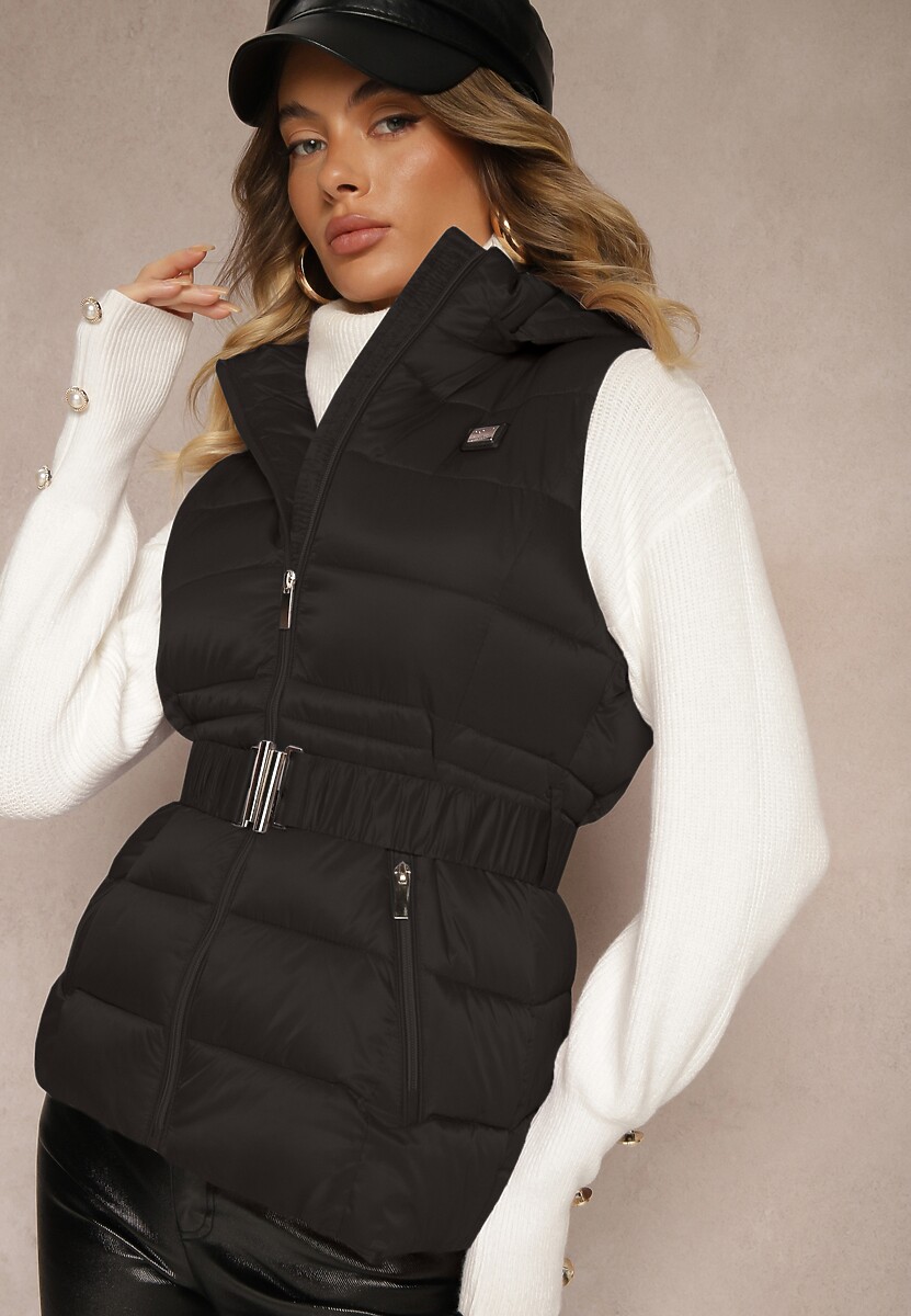 Szara Kamizelka z Odpinanym Kapturem Ozdobiona Pikowaniem i Paskiem z Marszczeniem Inathria