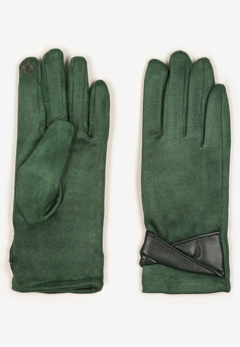 Zielone Eleganckie Rękawiczki z Bawełną i Wywiniętą Aplikacją przy Nadgarstku Sissemi