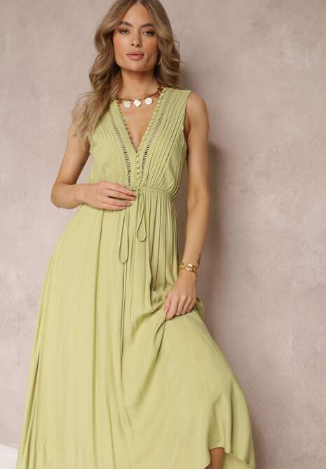 Zielona Rozkloszowana Sukienka Maxi z Gumką w Talii i Ozdobnymi Guzikami z Wiskozy Vianna