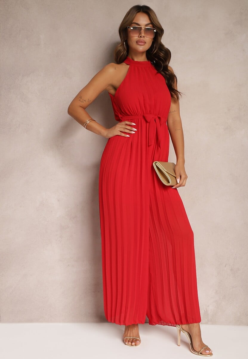 Czerwony Kombinezon z Dekoltem Typu Halter i Gumką w Talii Zolefia