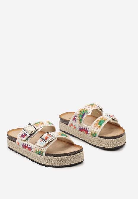 Ciemnobeżowe Klapki Ozdobione Haftem na Paskach i Plecionką na Platformie Teio