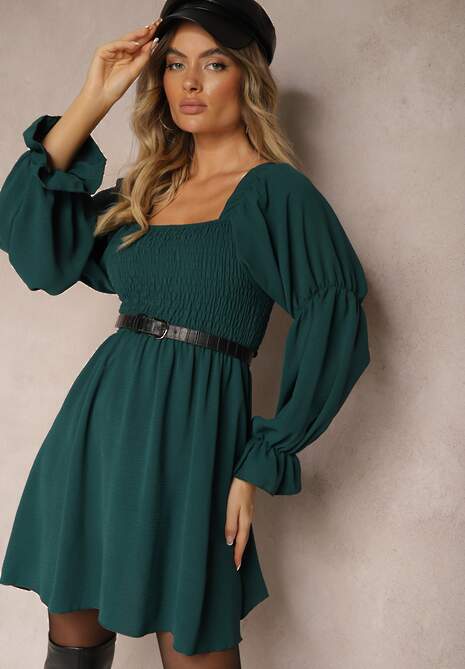 Ciemnozielona Sukienka z Elastyczną Górą o Rozkloszowanym Kroju z Falbankami Savione