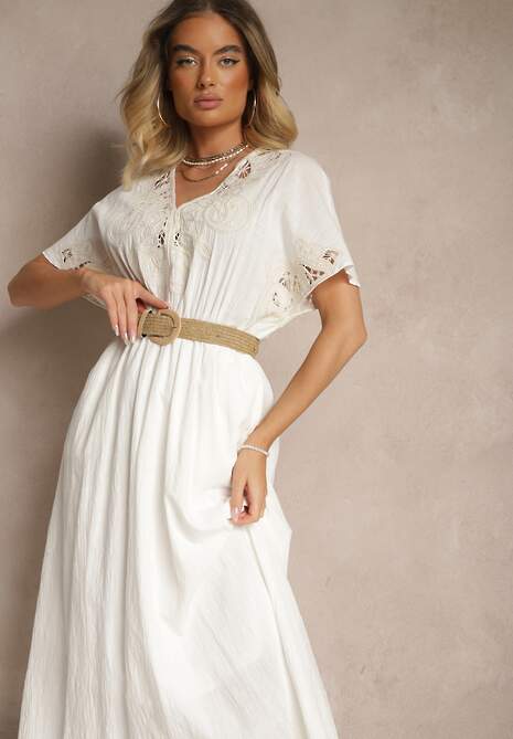 Biała Bawełniana Sukienka w Stylu Boho z Kieszonkami Orrane