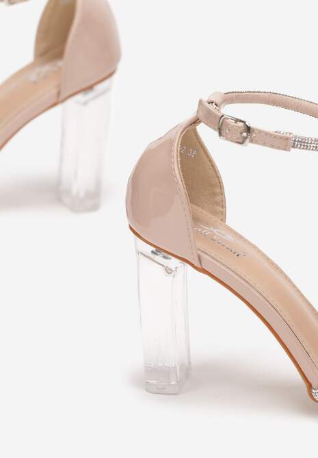 Beżowe Sandały z Cyrkoniami na Transparentnym Słupku Larmela