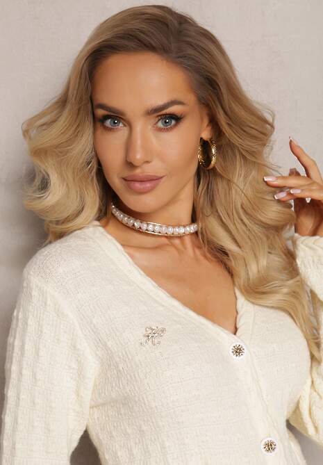 Jasnobeżowy Kardigan z Wiskozy z Ozdobną Lamówką i Biżuteryjnymi Guzikami Naeolla