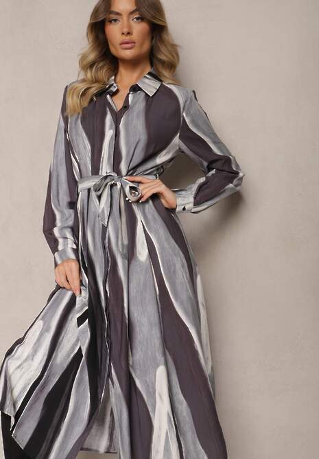 Szara Koszulowa Sukienka w Abstrakcyjne Paski o Długim Kroju z Gumką i Paskiem w Talii Nerithal