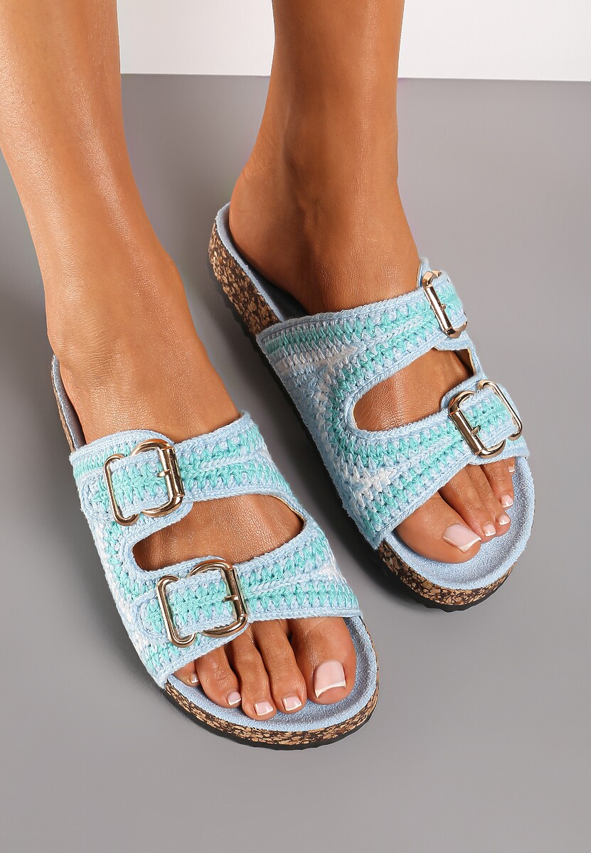 Niebieskie Klapki Ozdobione Wzorem na Szydełku z Korkową Grubą Podeszwą i Klamrami Kanthe