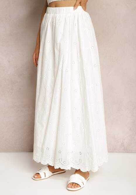 Biała Bawełniana Rozkloszowana Spódnica z Haftem Podszewką i Gumką w Pasie Illonica