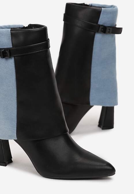 Czarne Botki na Słupku z Ekoskóry i Jeansu Acenda