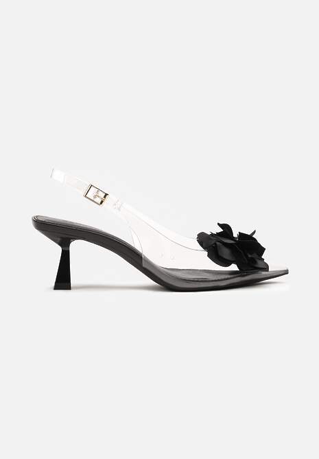 Czarne Przezroczyste Sandały na Obcasie Typu Kaczuszka z Kwiatem Nalaniela