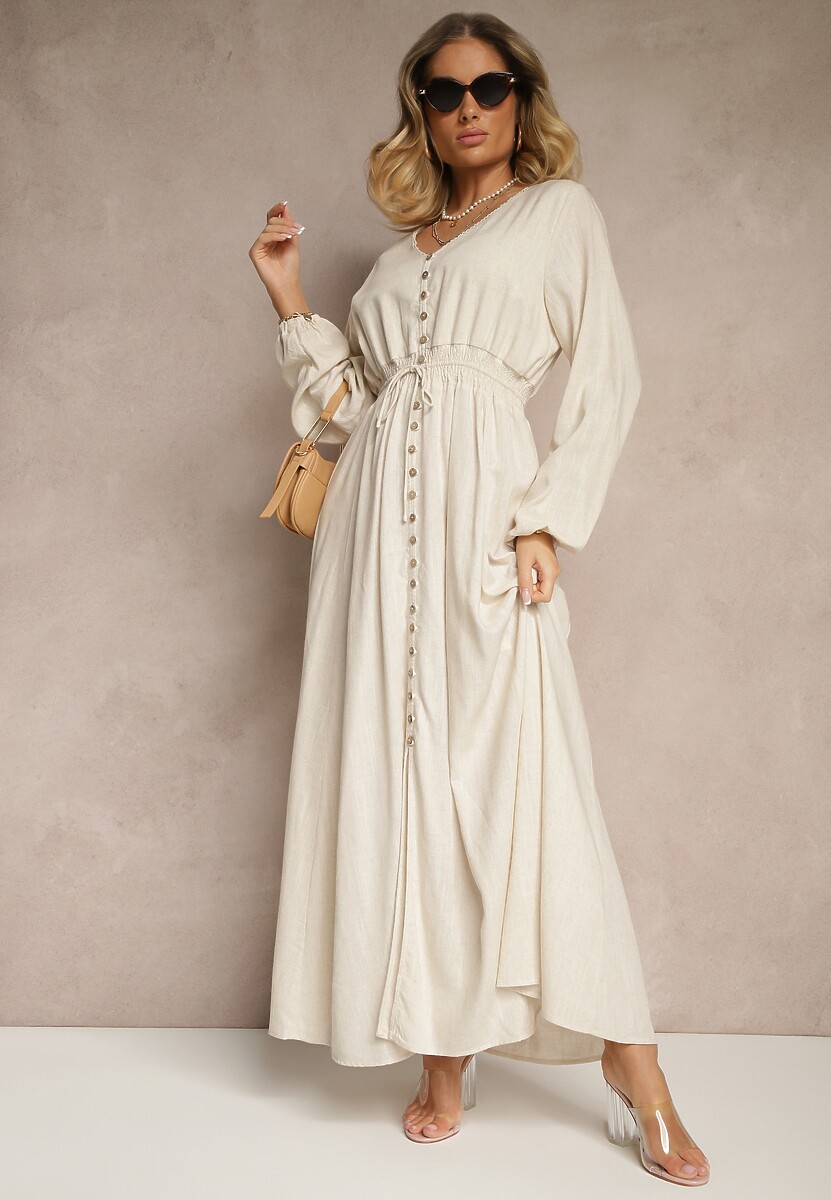 Jasnobeżowa Sukienka z Lnem i Wiskozą o Rozkloszowanym Kroju z Ozdobnymi Guzikami Maitena