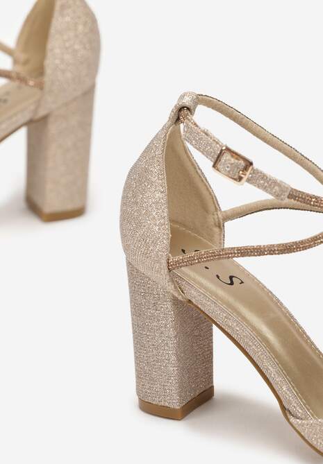 Złote Czółenka Brokatowe na Słupku z Paskiem z Cyrkoniami Keshe