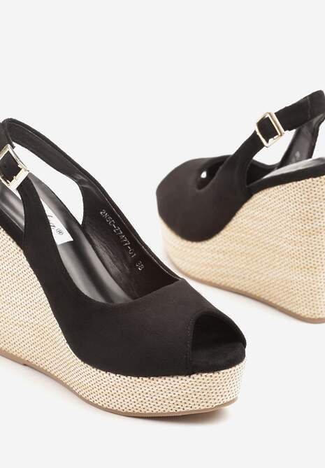 Czarne Sandały Slingback z Imitacji Zamszu na Koturnie Daldiva