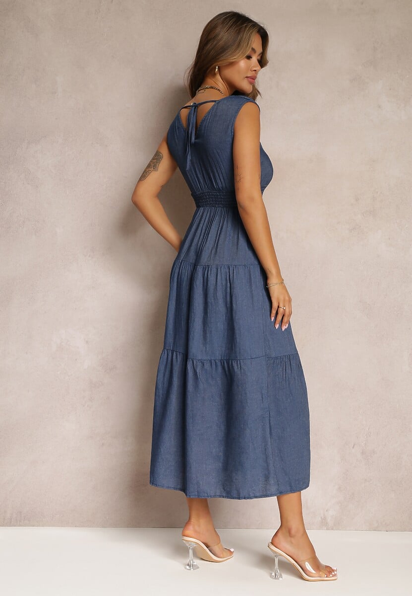 Granatowa Rozkloszowana Sukienka z Falbanką i Wiązaniem na Plecach Rawdyn