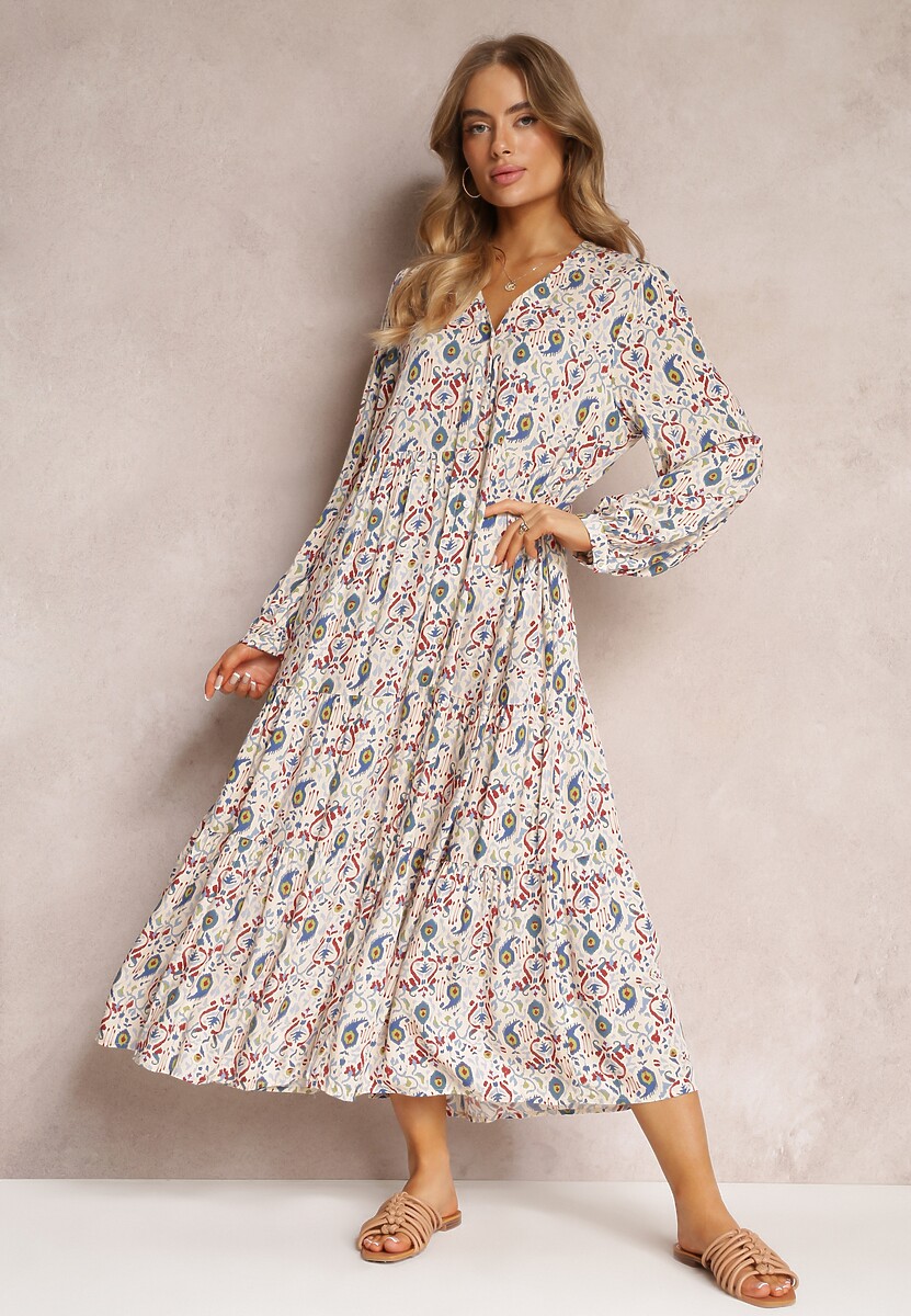 Jasnobeżowa Rozkloszowana Sukienka Koszulowa w Kwiaty Leathy