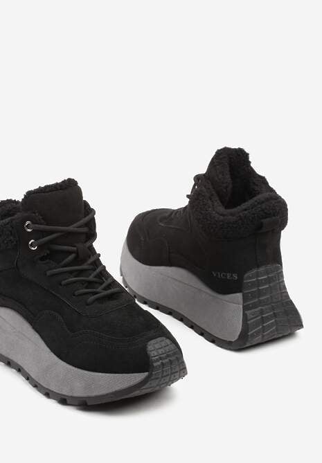 Czarne Sneakersy Śniegowce Vices na Platformie Ozdobione Napisem i Futerkiem Lanite