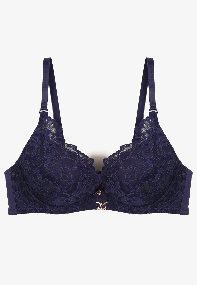 Granatowy Koronkowy Biustonosz Ozdobiony Metaliczną Aplikacją Mirzedi
