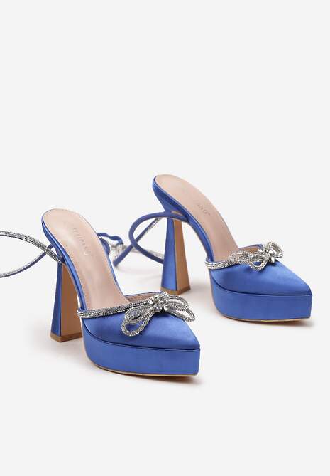 Niebieskie Sandały z Ozdobną Kokardą i Cyrkoniami na Platformie i Klepsydrowym Obcasie Wernia