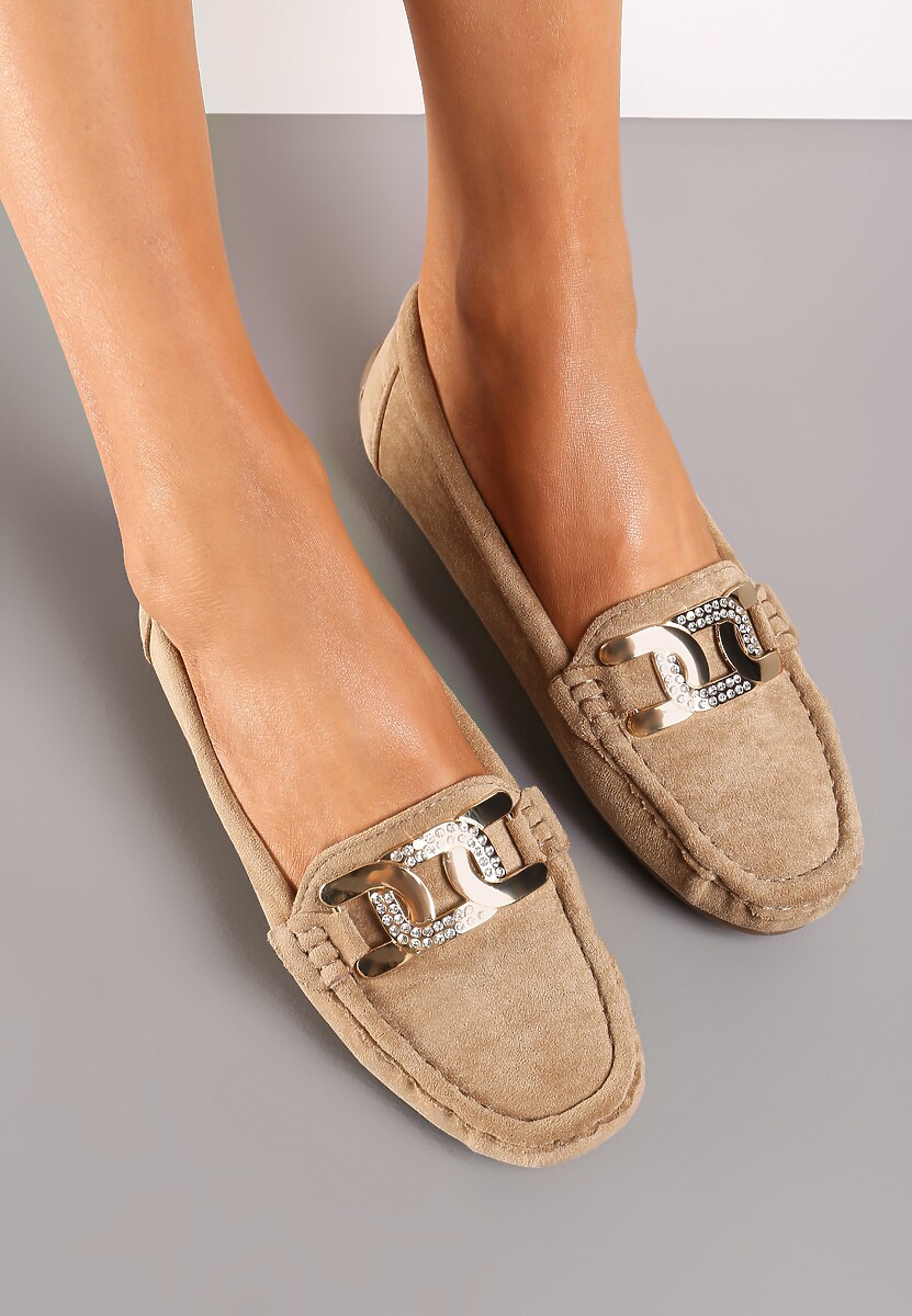 Granatowe Płaskie Mokasyny z Ekozamszu Ozdobione Klamrą z Cyrkoniami Tailer