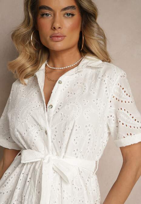 Biała Ażurowa Sukienka z Bawełny Koszulowa Ozdobiona Paskiem Fevorette