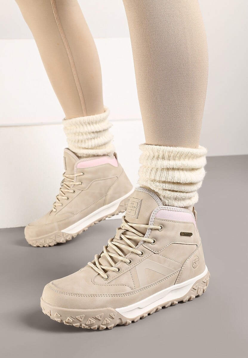 Beżowe Traperki ze Sznurowaniem i Grubą Podeszwą Ellithrina