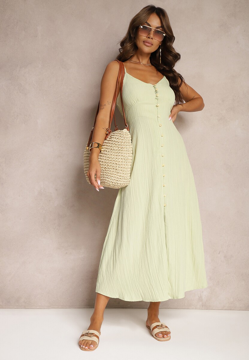 Zielona Taliowana Sukienka na Guziki na Ramiączkach z Regulacją Quafea