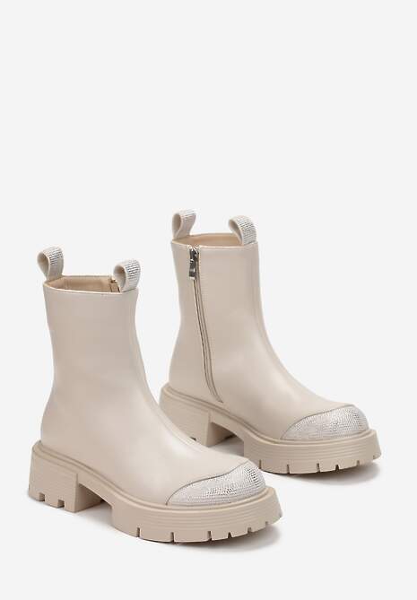 Beżowe Botki Wroekry na Grubej Podeszwie z Cyrkoniami i Paseczkiem Anical