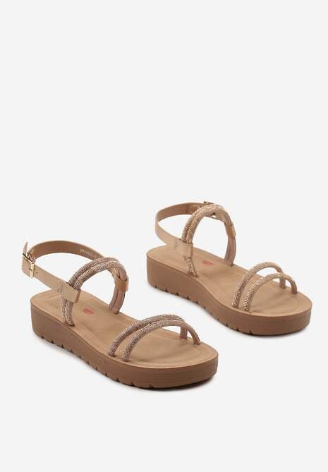 Szampańskie Sandały na Płaskiej Podeszwie z Cyrkoniami Zapinane przy Kostce  Elltiana