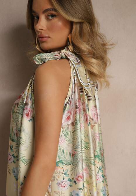 Żółta Sukienka z Satyny Zdobiona Kwiatowym Wzorem i Wiązaniem Fenalesa