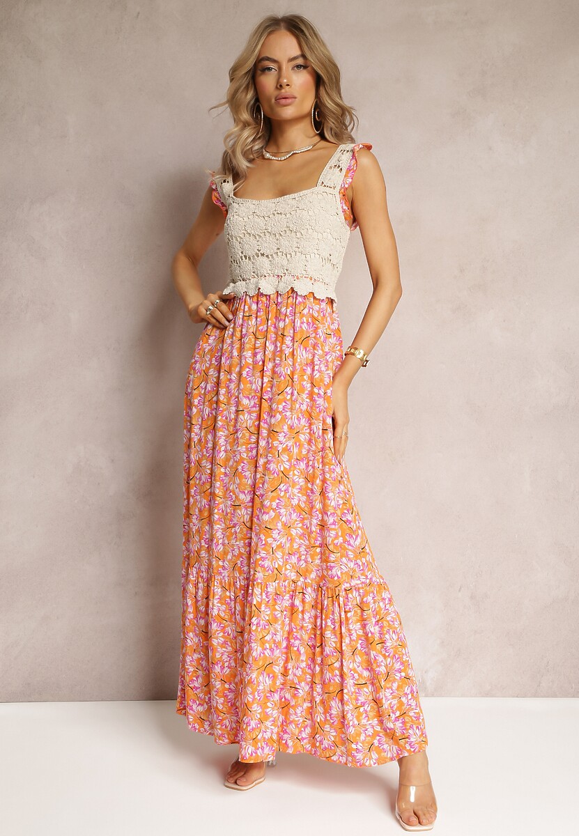 Pomarańczowa Rozkloszowana Sukienka na Ramiączkach z Haftowaną Górą Lichova