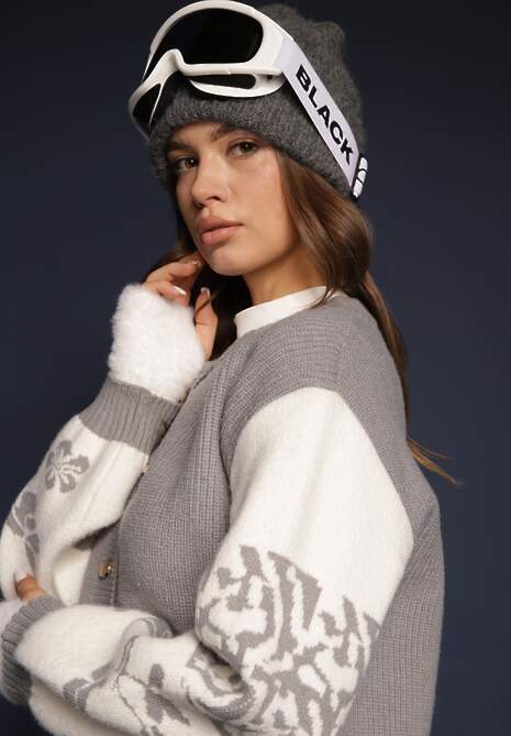 Szary Kardigan z Wiskozy na Guziki Ozdobiony Geometrycznym Wzorem Nelaya