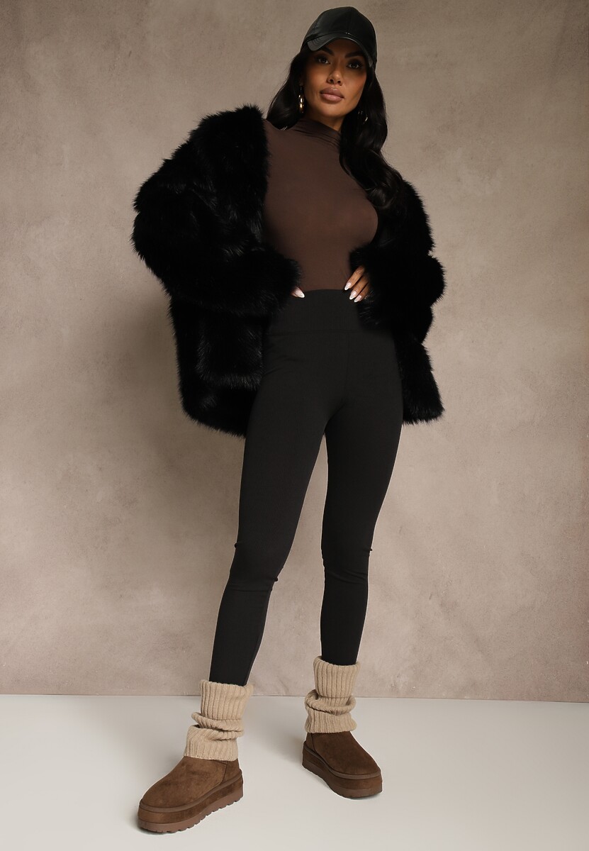 Czarne Legginsy z Prążkowanej Tkaniny z Szeroką Gumką w Pasie Lanoriae