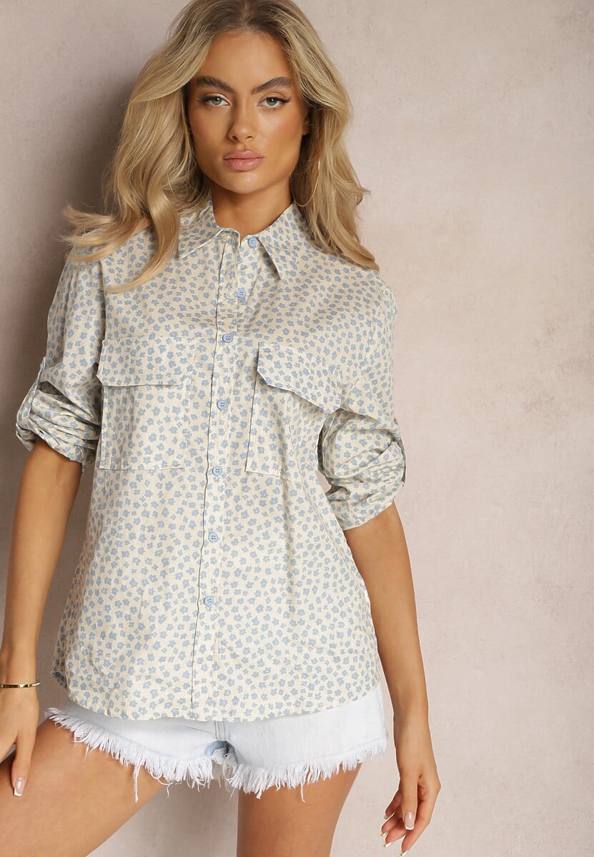 Jasnoniebieska Koszula z Bawełny o Luźnym Kroju w Drobne Kwiaty Findiana