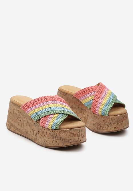 Różowo-Niebieskie Klapki na Platformie z Koturnem i Plecionką Paanas