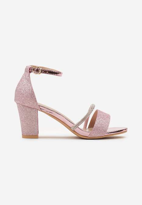 Różowe Sandały na Słupku Ozdobione Cyrkoniami i Brokatem Zapinane na Sprzączkę Wejkis