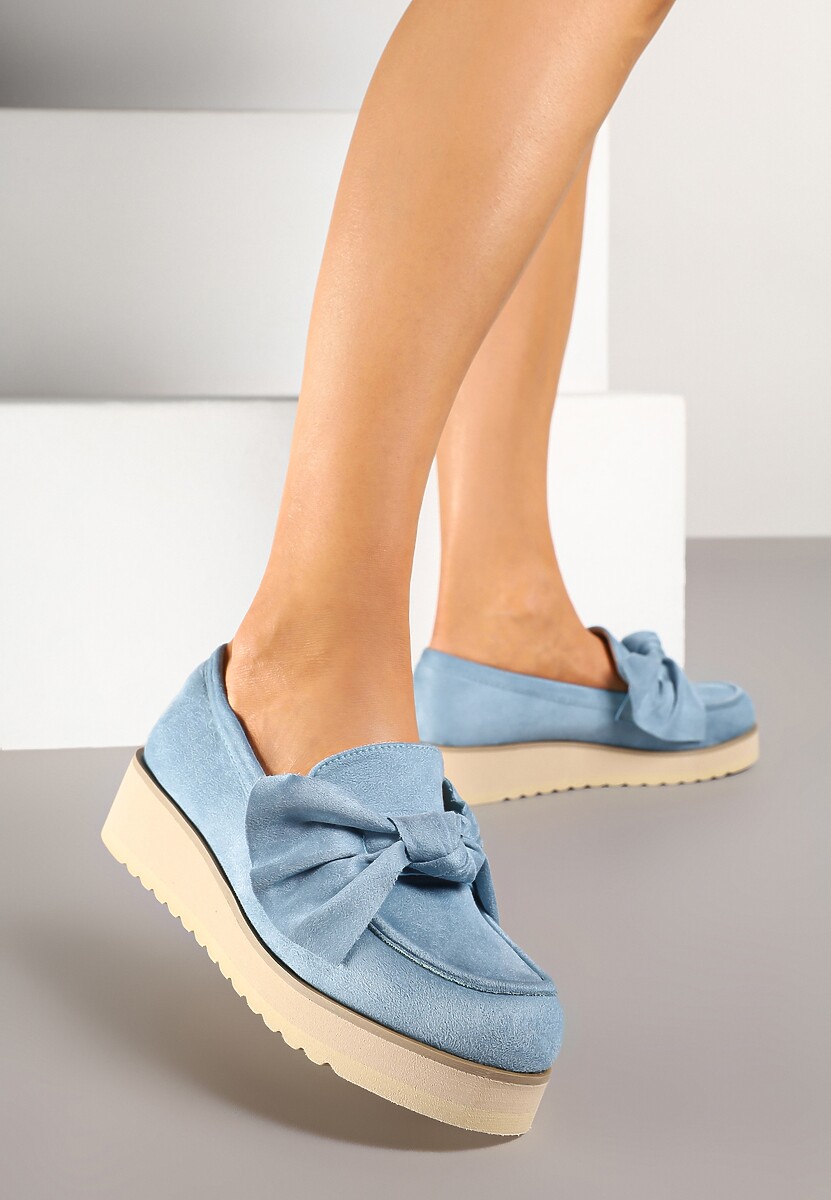 Niebieskie Mokasyny z Ekozamszu na Niskiej Platformie z Ozdobną Kokardą Nusalena