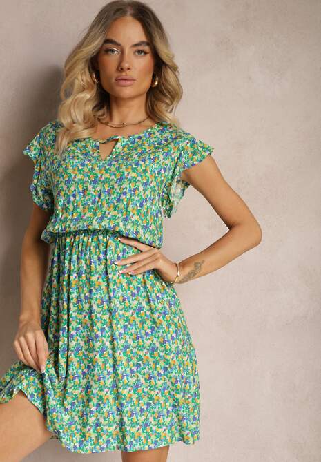 Zielona Sukienka z Bawełny z Gumką w Pasie i Falbanką Dimllea