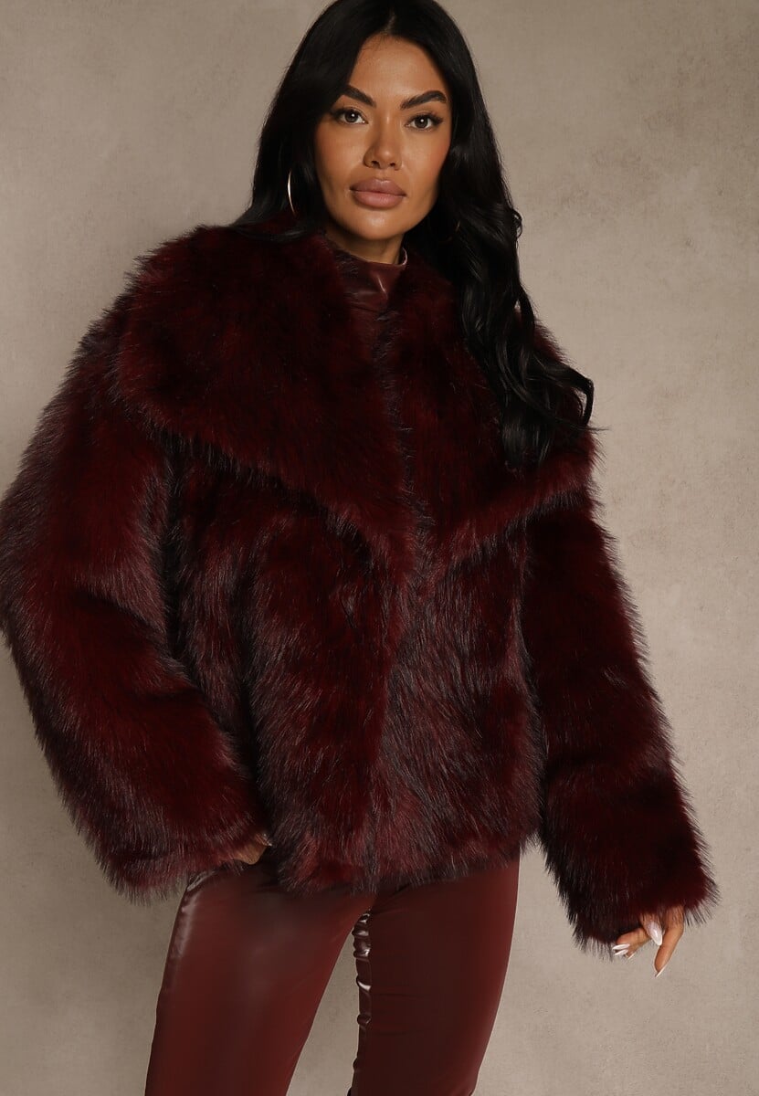 Bordowa Elegancka Kurtka Futerko z Kołnierzem Vertirida