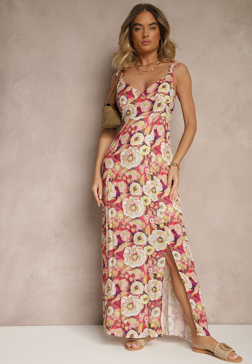 Czerwono-Beżowa Wiskozowa Sukienka o Rozkloszowanym Kroju w Kwiaty Redalie