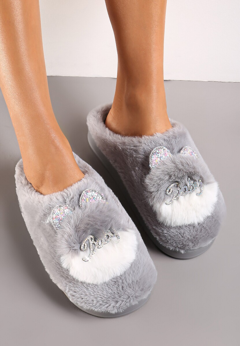 Szare Płaskie Kapcie z Aplikacją 3D w Kształcie Króliczka Munere